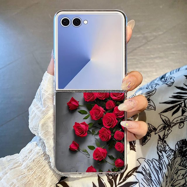 MOESOE Handyhülle mit rotem Rosenmuster für Samsung Galaxy Z Flip (Modelle Flip 3, 4, 5, 6, 7 FE), transparente Klarsichthülle aus hartem PC - Bild 1