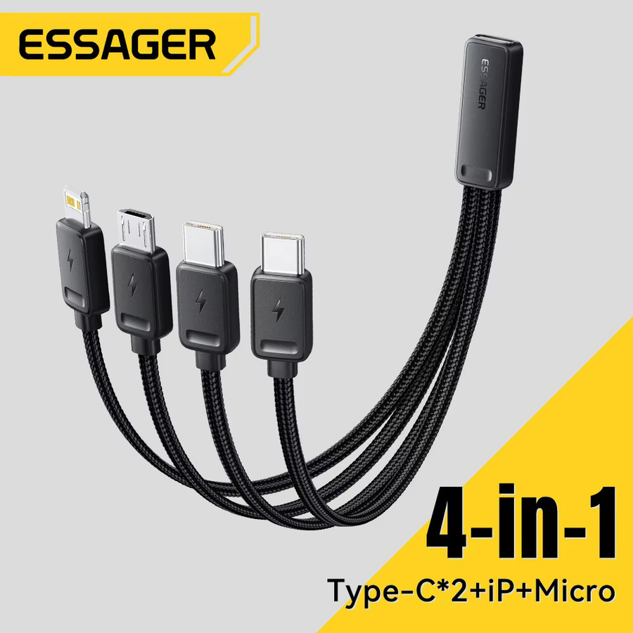 Essager 4 in 1 Multi Schnellladekabel mit USB-C, Micro-USB und Lightning Anschlüssen in Schwarz - Bild 2