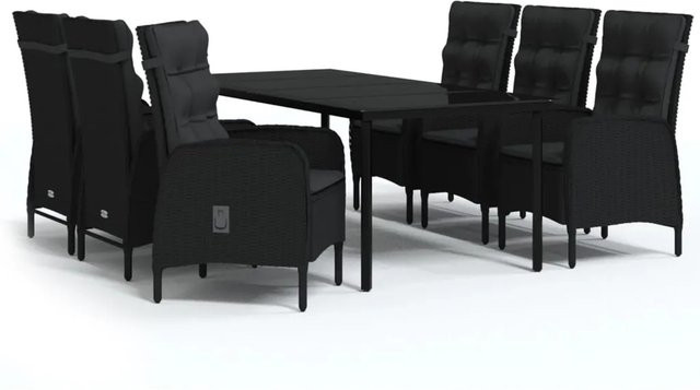 vidaXL 7-teilige Garten-Essgruppe aus PE-Rattan und Akazienholz in Schwarz mit Glasplatte und Kissen, B/T/H: 110 x 63 x 74 cm - Bild 1