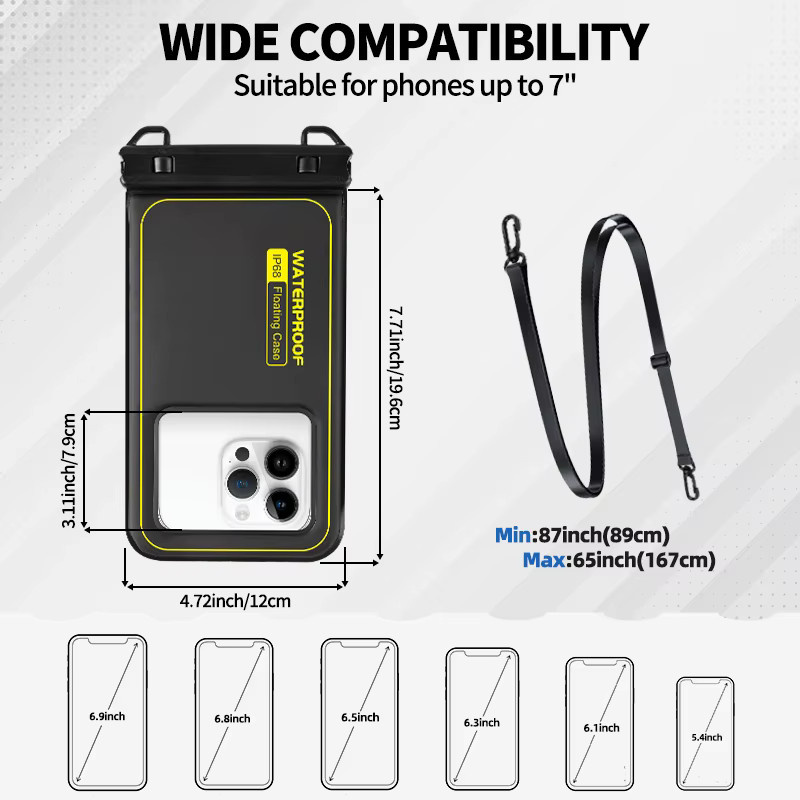Haissky Wasserdichte und schwimmfähige Handytasche als Umhängetasche für iPhone 17, 16, 15, 14 Pro Max und 15 Plus in Schwarz - Bild 4