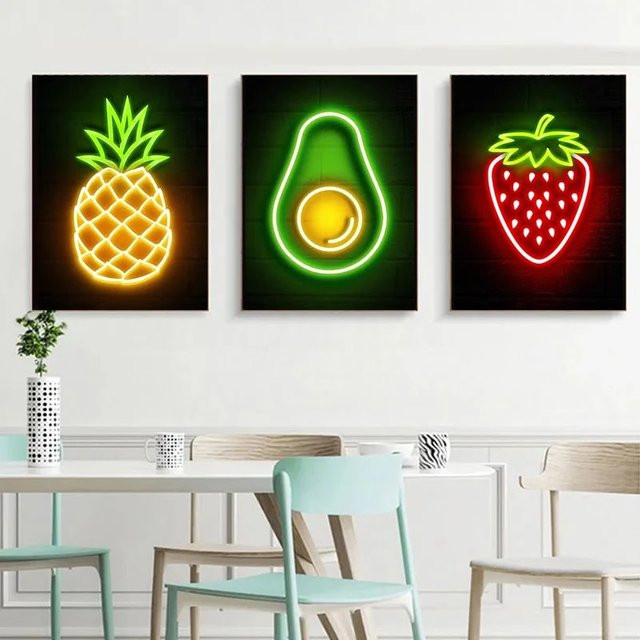 Potdemiel Leinwanddruck Wandbild mit Obst-Motiv Ananas Erdbeere Banane Pfirsich im Neon-Schild-Stil, Mehrfarbig, Rechteckig - Bild 1
