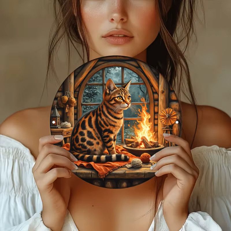 Potdemiel Vintage Aluminium-Wandschild Bengal Cat Fireside Cozy Scene, B/H: 20,32 x 20,32 cm - Bild 3