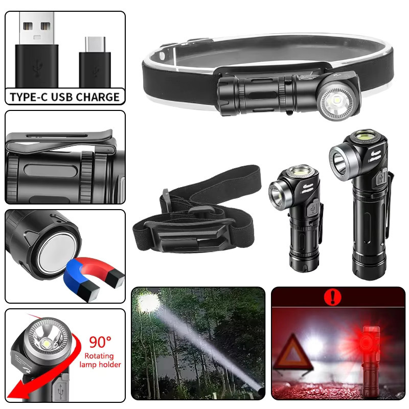 JIASHUAIXIN LED COB Stirnlampe aus Aluminiumlegierung, wasserdicht, wiederaufladbar mit USB-C, schwarz, mit verstellbarem Magnetschwanz und 90 Grad Neigungswinkel - Bild 2