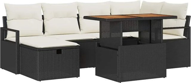 vidaXL Garten-Sofa-Set aus Polyrattan in Schwarz, 7-teiliges L-Shape Lounge-Set mit Kissen, Ecksofa, Ottoman und Couchtisch für Terrasse und Garten - Bild 1
