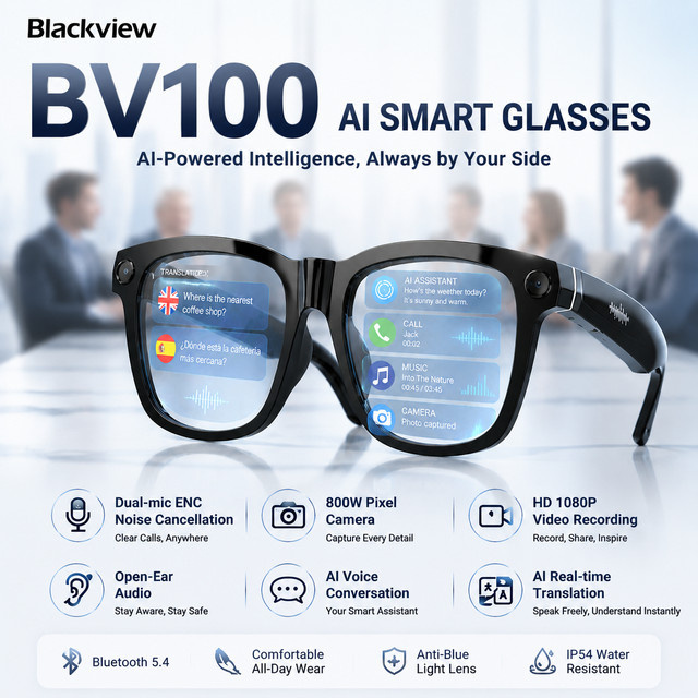 Blackview BV100 Smart-Brille in Schwarz mit HD-Kamera, Bluetooth 5.4, Stereo-Basslautsprechern und geräuschunterdrückendem Mikrofon - Bild 1