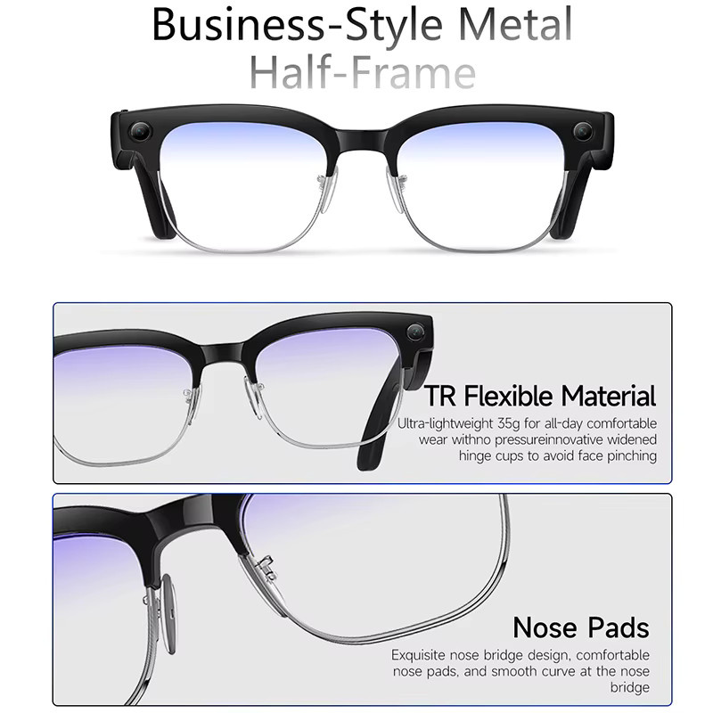 Smart-Brille yaocx mit 800W Kamera, HD-Videoaufnahme, Anti-Shake-Funktion, Sprachassistent, Musik und Bluetooth-Anruf in Schwarz oder Grau - Bild 4