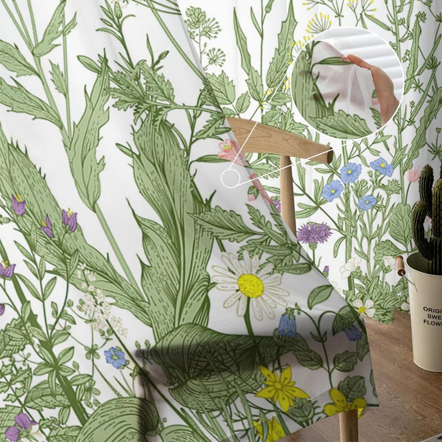 Transparente Vorhänge im Vintage-Stil mit Kräuterpflanzen und Blumen aus Tüll, Voile und Organza, Breite: 135 cm, Höhe: 115 cm - Bild 2