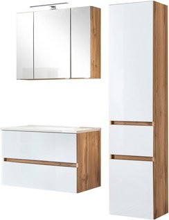 HELD MÖBEL Waschtisch-Set HELSINKI in Weiss, 6-teilig, modern mit LED-Beleuchtung und Soft-Close-Türen, Wandmontage - Bild 1