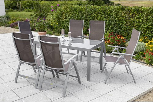 Merxx Gartenmöbelset Carrara in Silber und Taupe mit Tisch und 7 Sitzplätzen aus Aluminium, Textil und Sicherheitsglas, Tisch Breite: 150 cm, Tiefe: 90 cm, Höhe: 76 cm - Bild 1