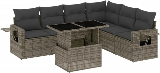 vidaXL 7-tlg Garten-Sofagarnitur in L-Form aus Polyrattan mit Kissen in Grau - Bild 1