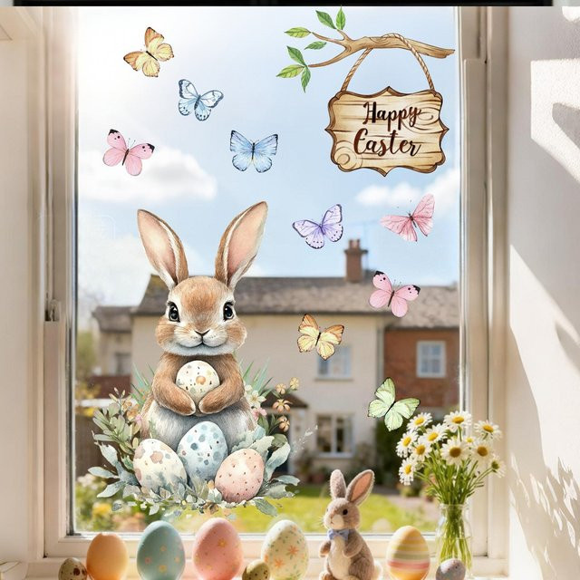 DUTRIEUX Oster-Fensterfolie mit Frühlingsmotiven wie Hase, Küken, Ei und Schmetterling, Mehrfarbig, B/H: 60 x 30 cm - Bild 1