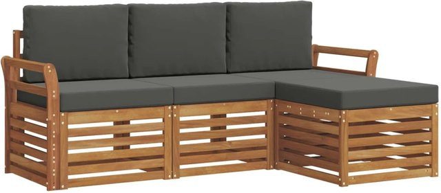 vidaXL Sofagarnitur 4-teilig aus Massivholz Akazie in Natur und Anthrazit mit L-Form und Polsterkissen - Bild 1