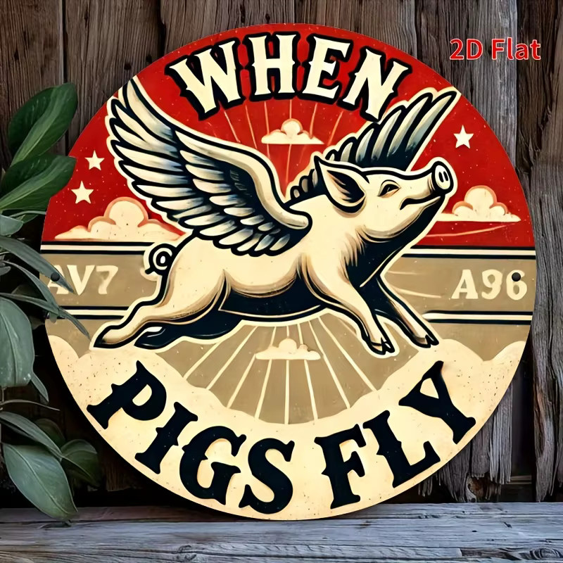 Vintage Flying Pig Metallwandkunst Potdemiel rundes Eisenschild mit When Pigs Fly Design Durchmesser: 20,32 cm - Bild 3