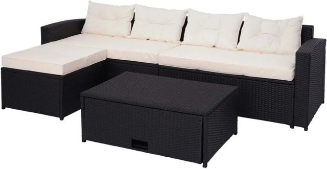 MCW Poly-Rattan Garten-Lounge-Set J34 in Schwarz mit cremefarbenen Kissen und integriertem Staufach - Bild 2