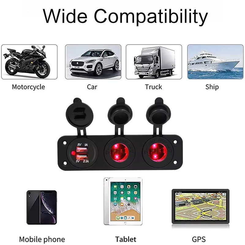3-in-1-Panel-Buchse mit Dual-USB-Autoladegerät und zwei Zigarettenanzündern, 3,1 A, wasserdicht, Schwarz, für Boot, Wohnmobil und Wohnwagen - Bild 2
