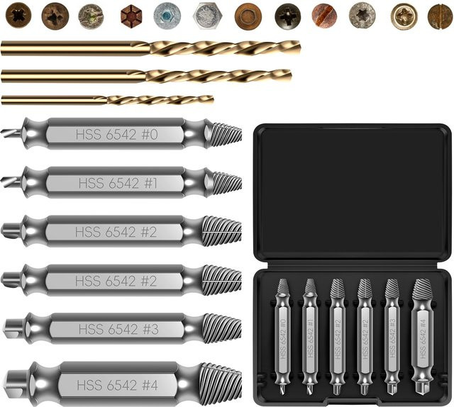 9-teiliges Ausdreher-Set HSS 6542 in Silber zum Entfernen beschädigter Schrauben mit 63-65HRC Härte - Bild 1
