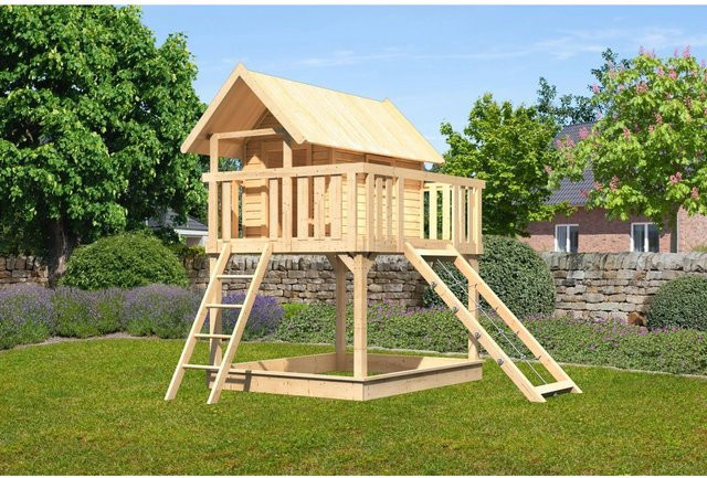 Karibu Stelzenhaus Fidel mit Netzrampe in Natur-Braun, B/H/T: 198 x 329,5 x 243 cm - Bild 1