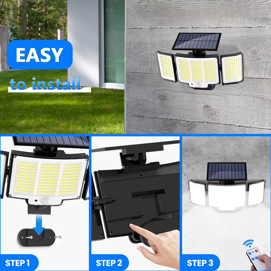 Solar-Außenleuchten mit 348 LEDs und Bewegungssensor, IP65 wasserdichte LED-Wandleuchte mit 3 Modi für Garten und Hof, schwarzes Solar-Flutlicht mit 3 Köpfen - Bild 5