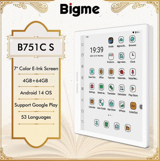 Bigme B751C S Farb-E-Ink E-Reader mit 7 Zoll Display, 4+64GB, Android 14, Augenschonende 36-Stufen Frontbeleuchtung, Weiß/Multicolor - Bild 1