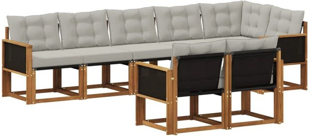 vidaXL Outdoor-Sofagarnitur L-Form aus massivem Akazienholz mit 8 Textilene-Kissen in Grau und Natur - Bild 1
