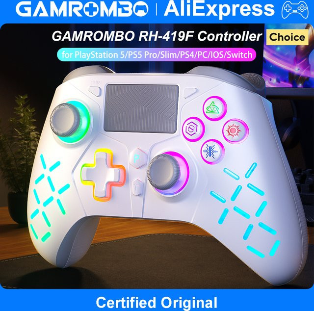 GAMROMBO Wireless Gamepad mit RGB Turbo, Dual Vibration und 6-Achsen-Gyro für PlayStation 5, PS4, PC, iOS und Nintendo Switch in Schwarz oder Weiß - Bild 1