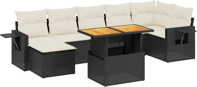 vidaXL 8-teilige Garten-Sofagarnitur in L-Form aus PE-Rattan und pulverbeschichtetem Stahl mit Kissen in Schwarz und Cremeweiß - Bild 1