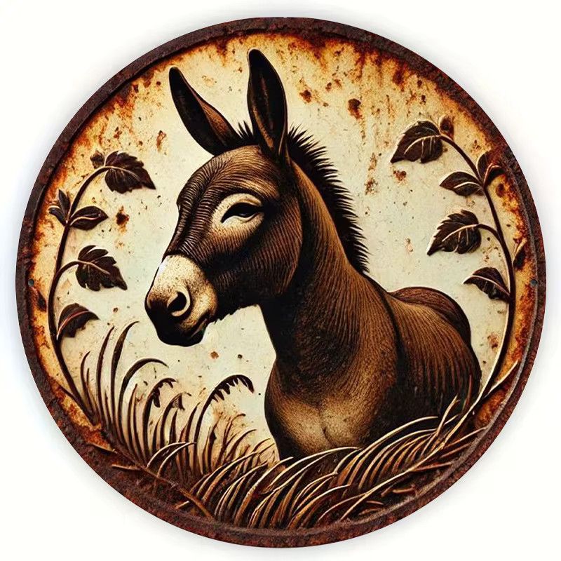 Potdemiel Rundes Metall-Wandschild mit Vintage-Esel-Illustration und Blumenrand, Multicolor, Durchmesser: 20,3 cm - Bild 4