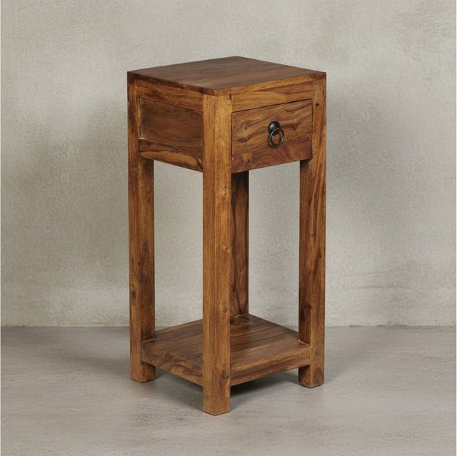 KADIMA DESIGN Beistelltisch aus Massivholz Sheesham in Braun mit Ablage und Schublade, B/T/H: 30 x 30 x 68 cm - Bild 1