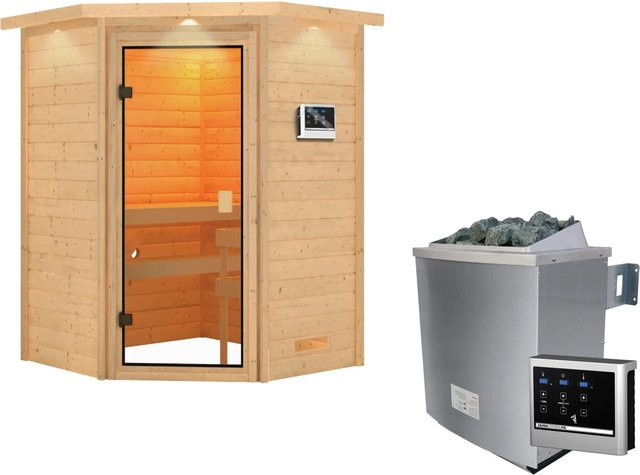 Woodfeeling Massivholzsauna Antonia in Braun mit 9 kW Ofen, integrierter Steuerung und LED-Dachkranz, B/T/H: 145 x 145 x 187 cm - Bild 1
