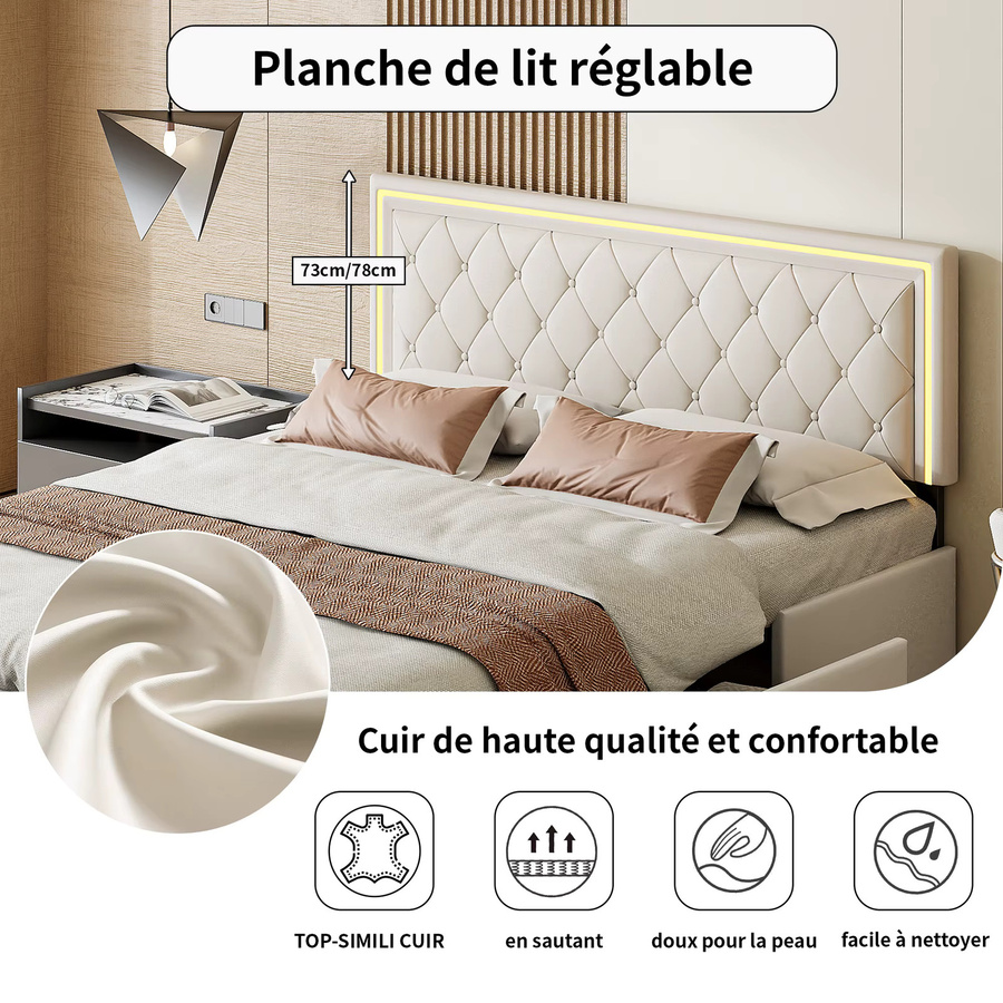 Anajqaqia Doppelbett mit 4 Schubladen aus gepolstertem PU-Leder in Beige, B/T/H: 160 x 200 cm - Bild 2