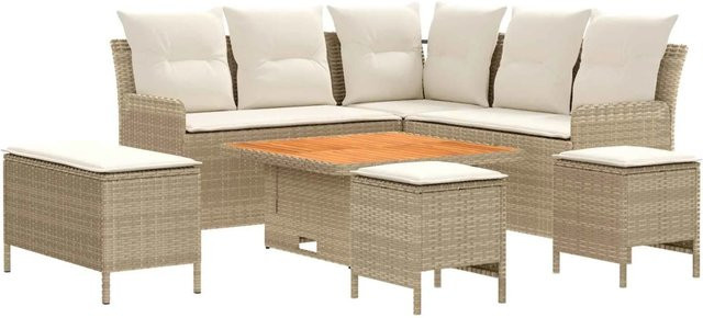 vidaXL Gartenmöbel-Set aus PE-Rattan und Akazienholz in Beige und Creme, 7-teilig - Bild 1