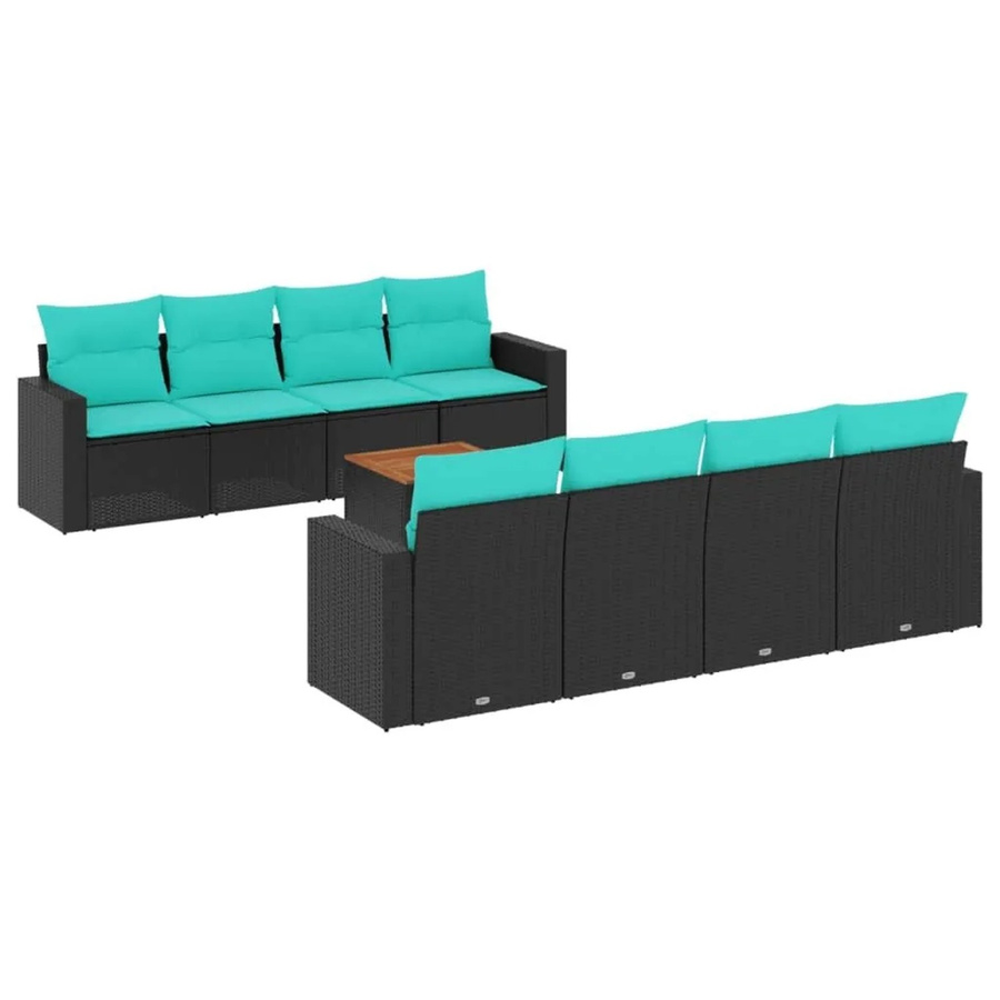 vidaXL 9-teilige Garten-Sofagarnitur aus Poly-Rattan und Akazienholz mit Kissen in Schwarz und Blau - Bild 2