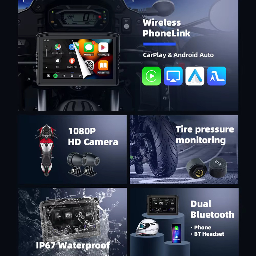 EKIY Tragbares digitales Armaturenbrett mit 6,25 Zoll Display, GPS und kabellosem CarPlay für Motorrad und Auto, Schwarz - Bild 5