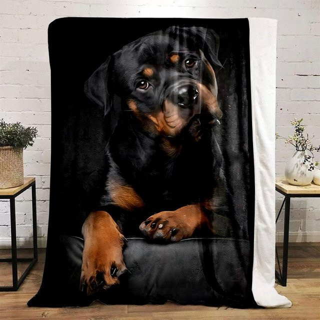 Weiche Flanell-Decke mit Rottweiler Hund Druck in Schwarz, B/B: 150 x 200 cm - Bild 1