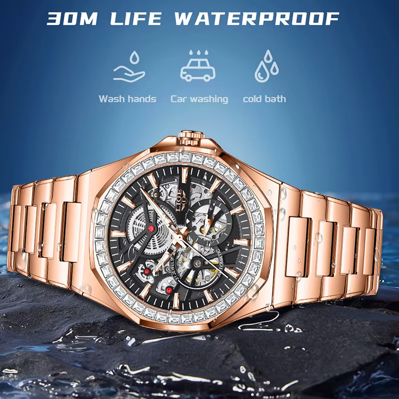 LIGE Armbanduhr Automatik, Edelstahl, Roségold, Blau, Herren - Bild 2