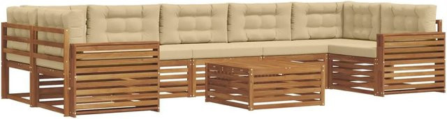 vidaXL Outdoor-Sofagarnitur in U-Form aus massivem Akazienholz mit Kissen, 8-teiliges Set, Natur und Beige - Bild 1