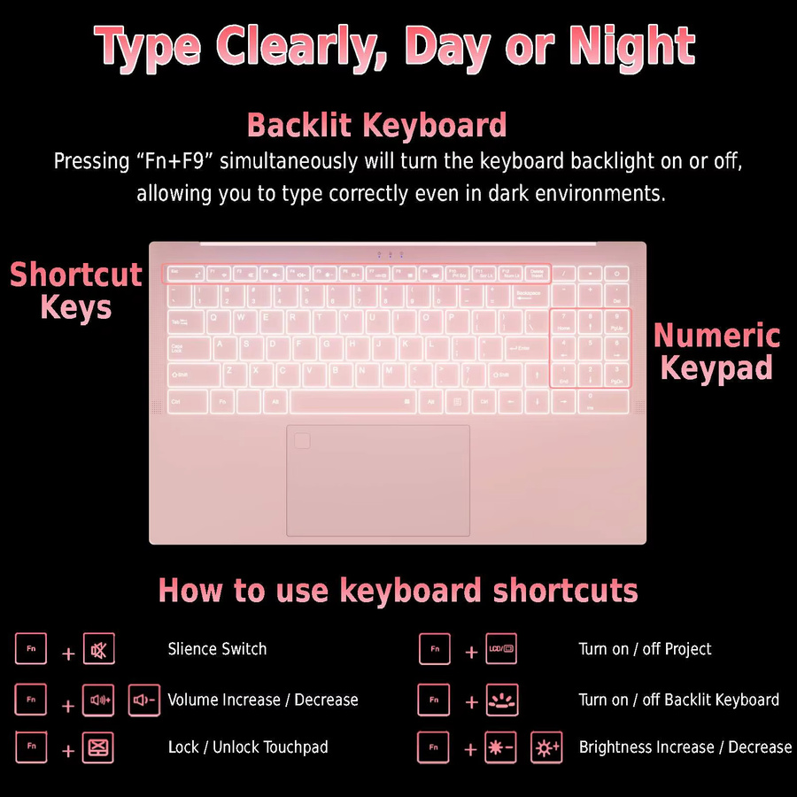 Auusda Laptop 15,6 Zoll in Pink mit 3050e-Prozessor, 8 GB DDR4 RAM und 512 GB SSD, Tastatur mit Hintergrundbeleuchtung und Fingerabdruck-Sensor - Bild 6