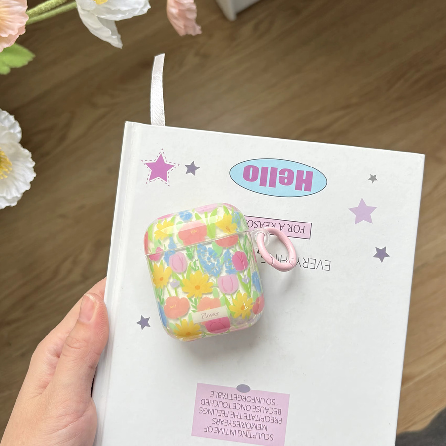 Transparente AirPods Schutzhülle mit buntem Blumenmuster und pinkem Ring für Apple AirPods 1 2 3 4 Pro und Pro 2 - Bild 3