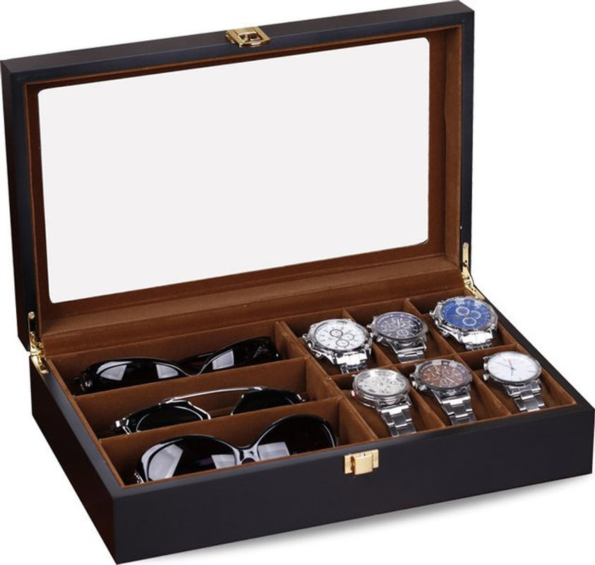 DOKW Luxus Uhren- und Sonnenbrillen-Organizer aus Holz mit 6 Slots in Schwarz - Bild 1