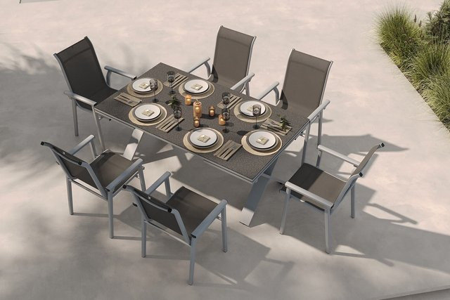 Kettler BasicPlus Pro Garten-Essgruppe aus Aluminium und Textilene in Silber/Anthrazit mit ausziehbarem Tisch und 6 Stapelsesseln, Tisch B: 100 cm, H: 78 cm, T: 180-280 cm - Bild 1