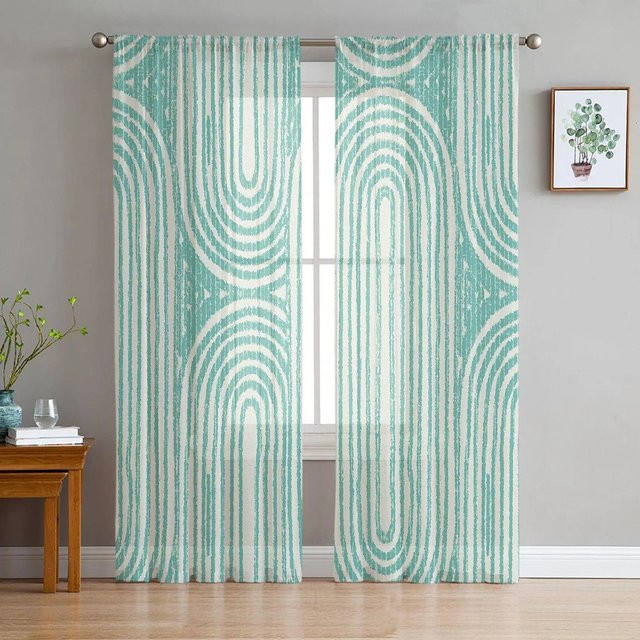 Transparentes Tüll-Fenstervorhang mit geometrischem Muster von A Family Of Home Textiles in Türkis, Breite: 135 cm, Höhe: 183 cm - Bild 1