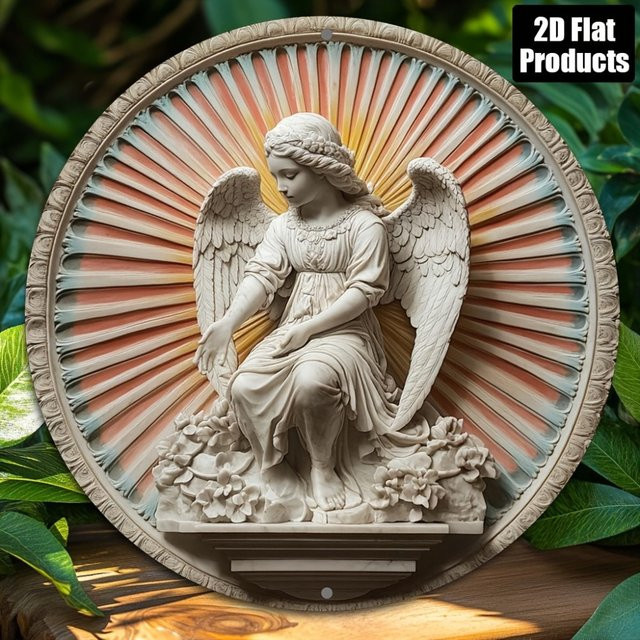 CIFBUY Rundes Aluminium-Metallschild mit 2D-Engelsflügel als rustikale Wanddekoration, Durchmesser: 20,3 cm - Bild 1