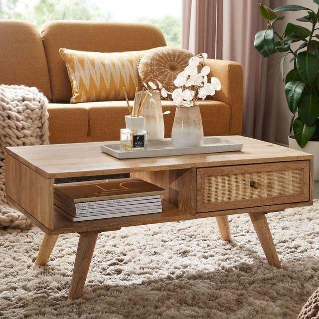 Couchtisch FineBuy aus Massivholz und Rattan in Braun mit Schublade, Breite: 90 cm - Bild 1
