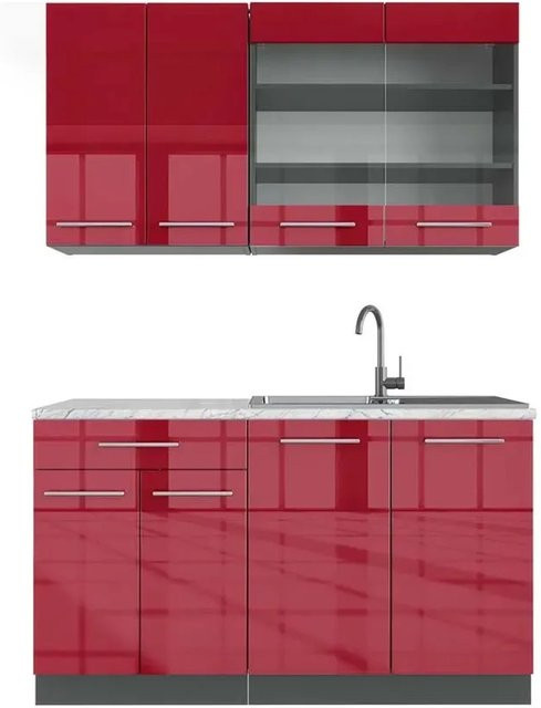 Vicco Fame-Line Singleküche in Bordeaux Hochglanz und Anthrazit, Breite: 140 cm, mit Marmor-Optik und Soft-Close-Türen - Bild 1