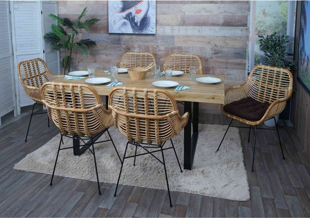 6er-Set Esszimmerstühle MCW-P17 aus Kubu Rattan und Metall mit Polsterung in Braun - Bild 1