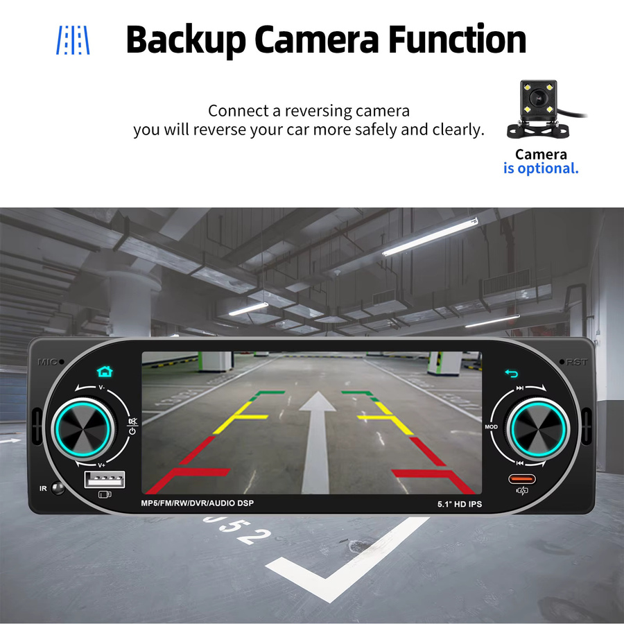 ESSGOO 1-DIN MP5 Autoradio mit 5,1 Zoll IPS-Bildschirm, kabelloses CarPlay und Android Auto, Bluetooth und Mirror Link, Schwarz - Bild 6