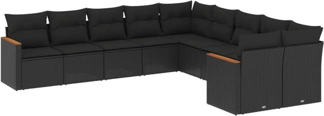 vidaXL 10-tlg. Garten-Sofagarnitur in L-Form aus Poly-Rattan und Akazienholz mit Kissen, Schwarz - Bild 1