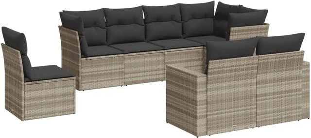 vidaXL 8-teilige Garten-Sofagarnitur in L-Form aus Polyrattan mit Kissen in Hellgrau - Bild 1