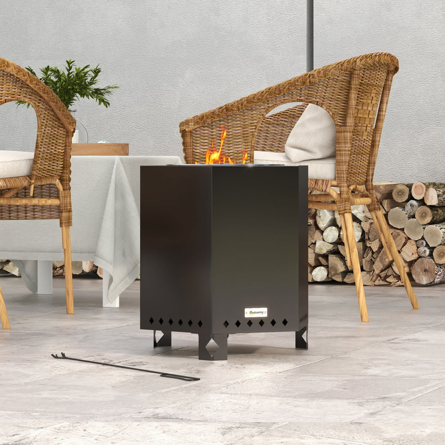 Outsunny Rauchfreier Tischfeuer Feuerkorb aus Metall in Schwarz inklusive Schürhaken für Garten, Camping und Terrasse - Bild 2