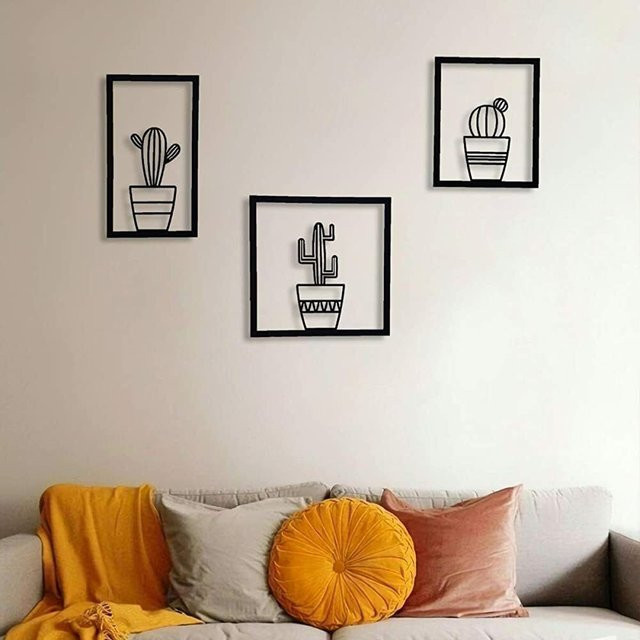 3er-Set Metall-Kaktus-Wandkunst von CIFBUY in Schwarz und Silber für moderne Wanddekoration mit floralem Design - Bild 1